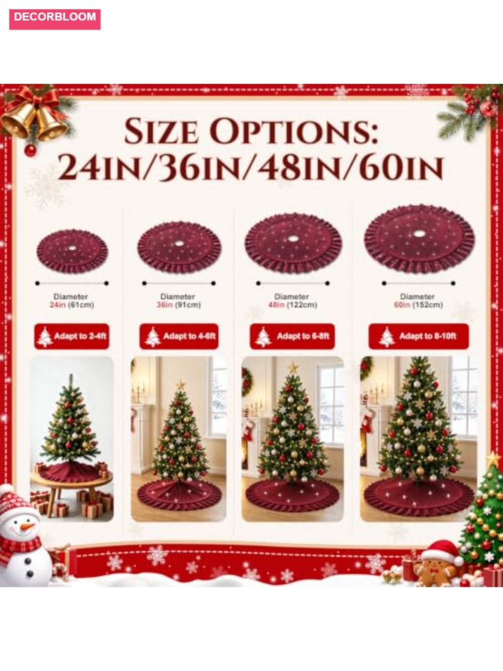 Velvet Christmas Tree Skirt 60 Inch Ruffled Glitter Rhinestone - Picture 2 of 6